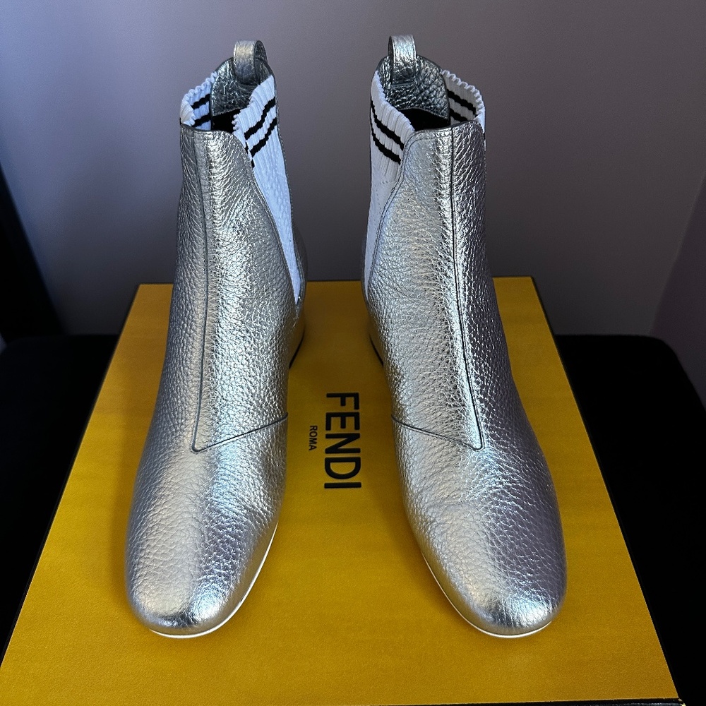 Fendi Metallic Silver Leather Ankle Booties